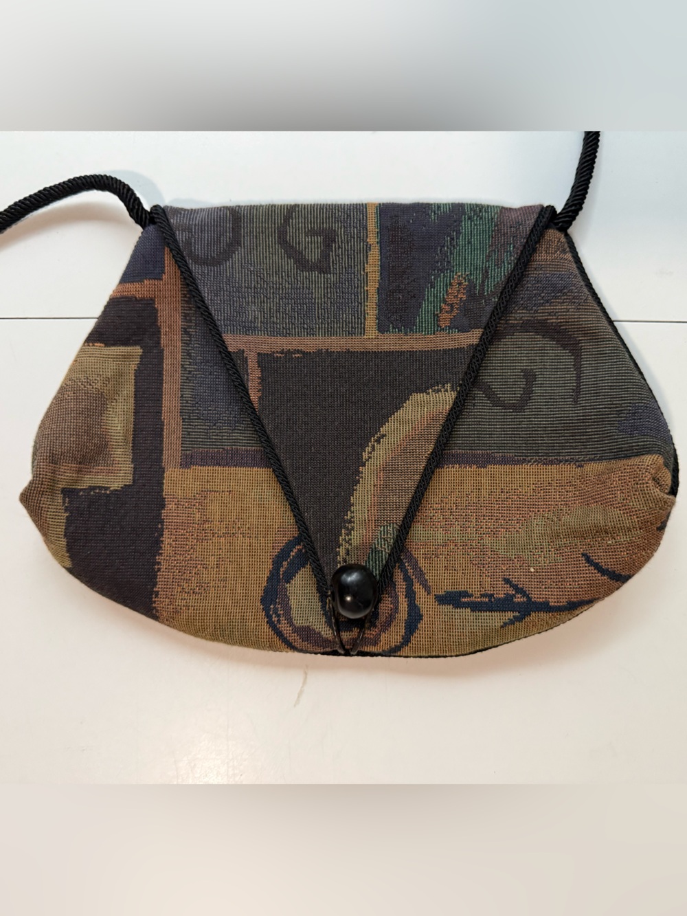 L. O’Neill 8x7 Tapestry Black Gold Gray Fabric Shoulder Purse w/ Cord Strapi